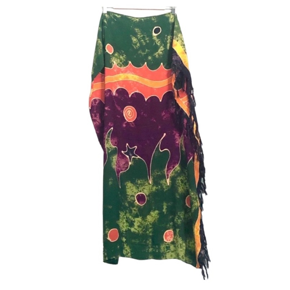 Vintage Indonesian Sarong Pareo Coverup Orange Navy Purple Green Hand Dyed Batik